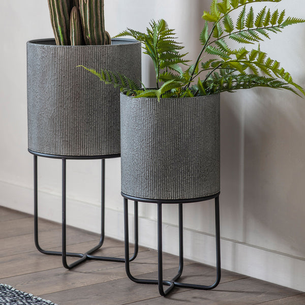 Grey Textured Metal Planters With Stand (Pair) 