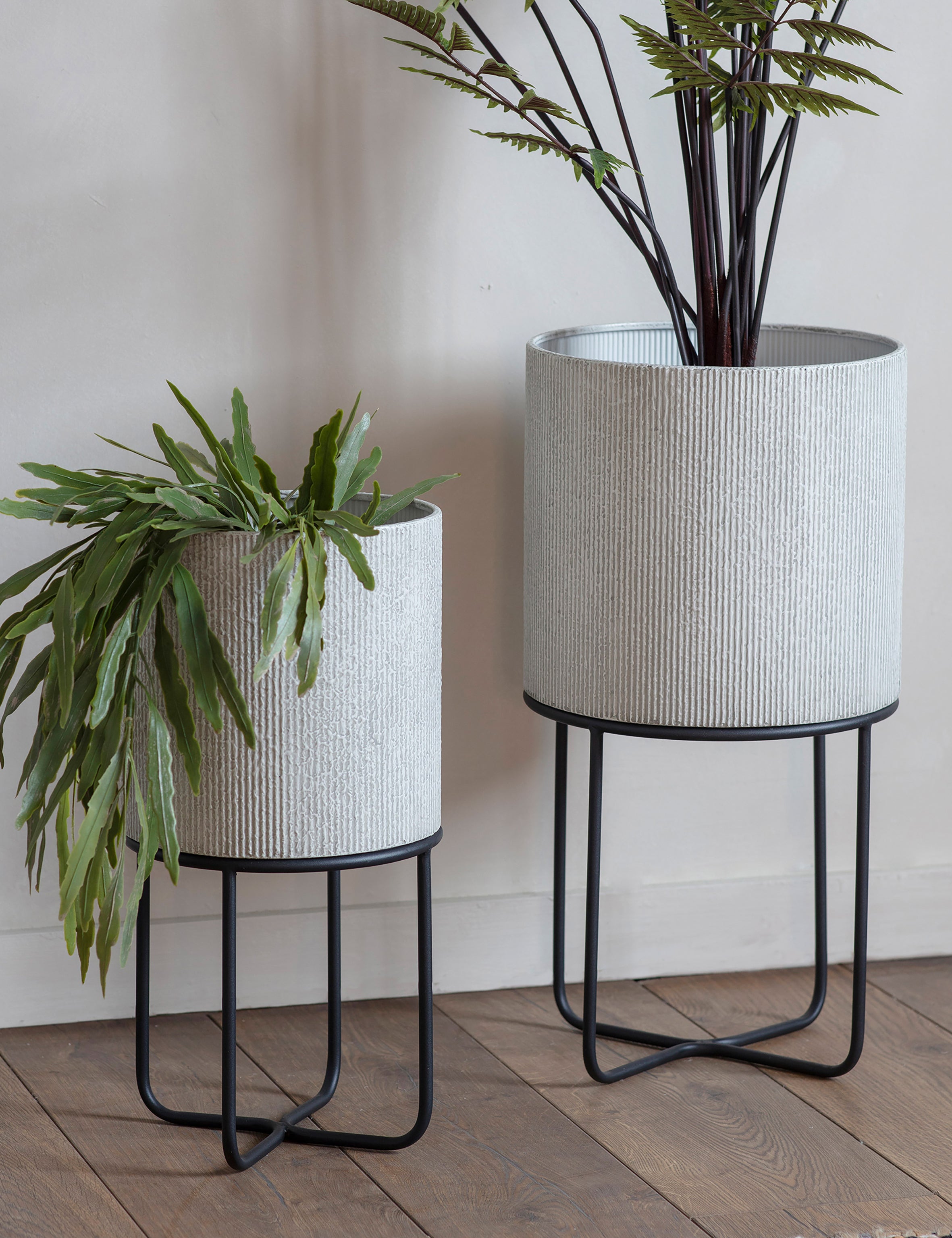 contemporary plant pots uk Off-White Textured Metal Planters With Stand (Pair) – The Den & Now