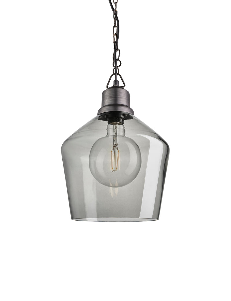 Industrial Brooklyn Schoolhouse Smoked Grey Glass Pendant Light by Industville - Pewter Chain Holder