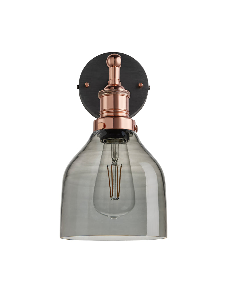 Industrial Brooklyn Smoked Grey Glass Cone Wall Light by Industville - Copper Holder