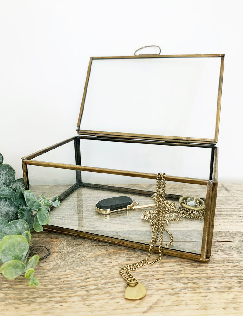 Antique Brass & Glass Jewellery Box