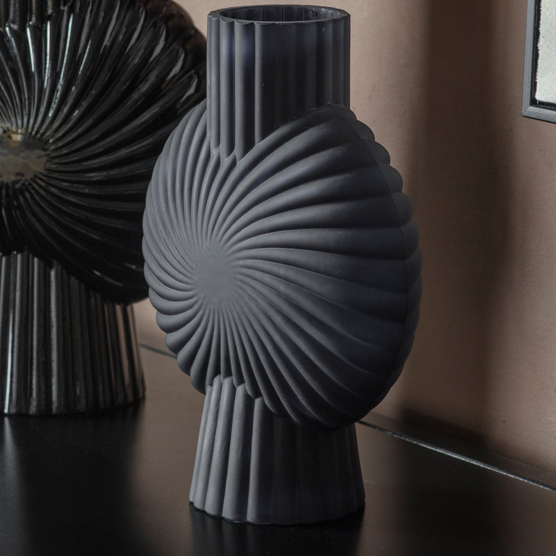 Black Ribbed Organic Vase - Small Frosted