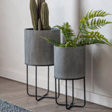Grey Textured Metal Planters With Stand (Pair)