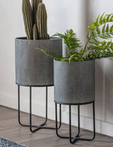 Grey Textured Metal Planters With Stand (Pair)