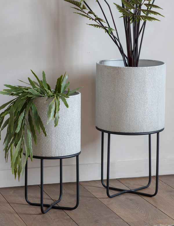 Off-White Textured Metal Planters With Stand (Pair)