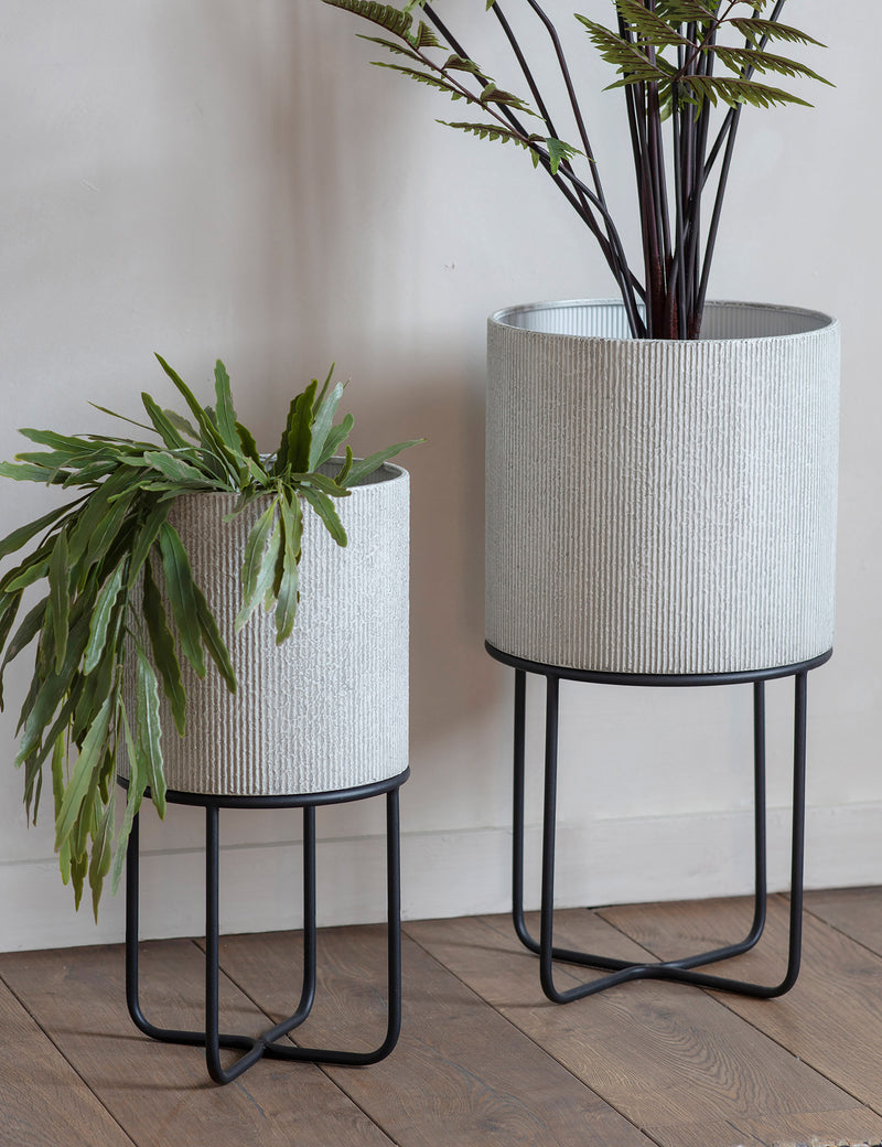 Off-White Textured Metal Planters With Stand (Pair)